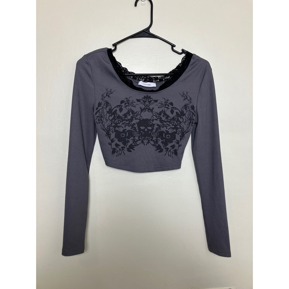 Grunge Crop Top‎ Gray Long Sleeve Skull Floral Lace Trim Gothic XS